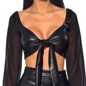 Vegan leather long sleeve crop top